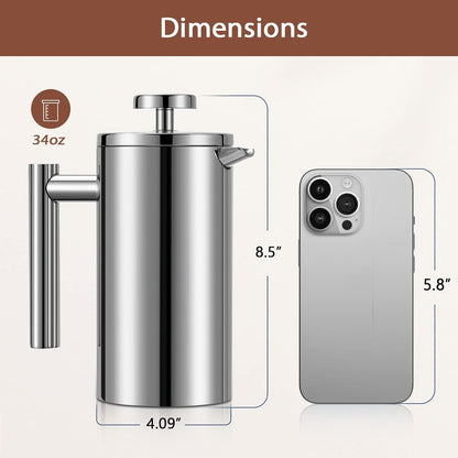 French Press Coffee Maker, 34oz Double-Wall Insulated Stainless Steel, 1L, Includes 2 Extra Screens and 1 Coffee Spoon