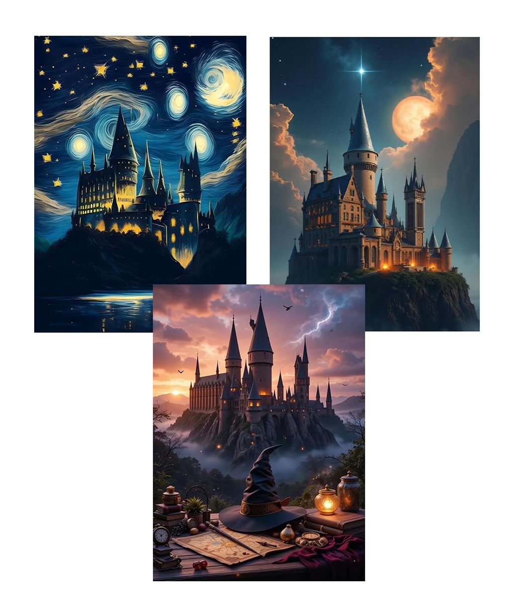 EIBEILI Diamond Art Kits for Adults - 3 Pack Magic Castle 5D Diamond Painting Kits for Beginner,DIY Magic Hat Gem Art Full Drill Diamond Dots Crystal Craft Kits for Home Wall Decor Gifts 12x16inch