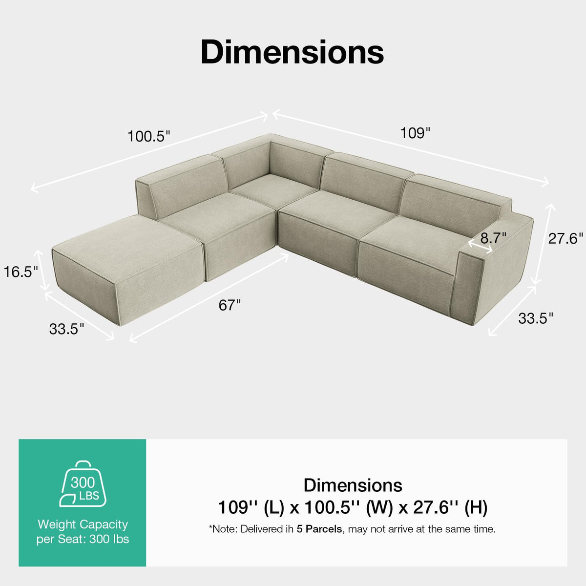 Novilla 109" Modular Sectional Sofa, No Assembly Cloud Sectional Couch with Smarts Coil® Support, Chenille Fabric L Shape Boneless Couch for Living Room Apartment, Beige (R-Arm 4 Seat w/ 1 Ottoman)
