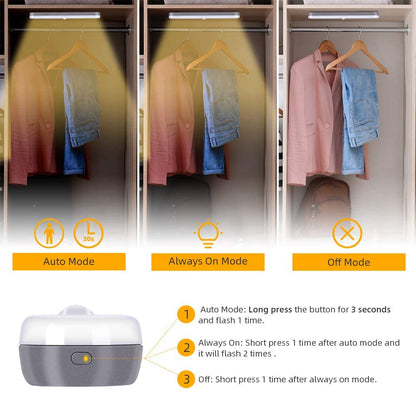 OUSFOT Cabinet Lighting 4 Pieces 20 LEDs Wireless Under Cabinet Light with Motion Sensor USB Rechargeable Battery Wardrobe Lighting Warm White Stick on for Cabinets, Stairs, Kitchen