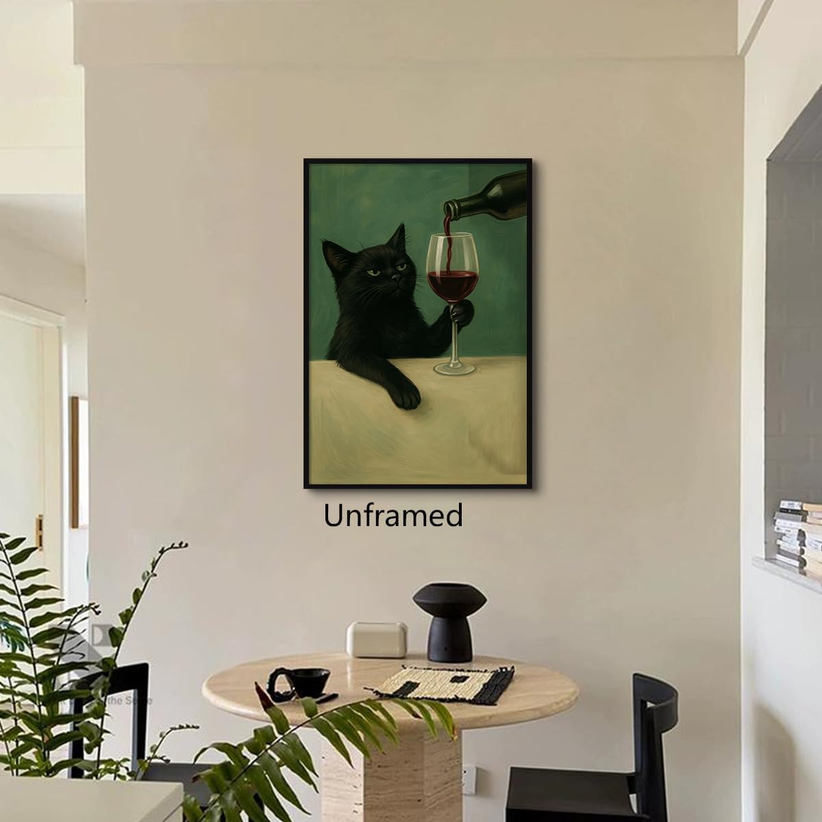 Generic 12x16in Black Cat Canvas Wall Art, Moody Dark Green Cat Painting Poster, Vintage Whimsical Animal Picture, Wine