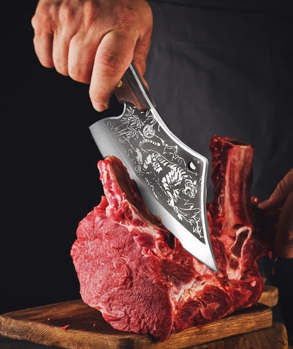 Meat Cutting Cleaver, Japanese Style Viking Kitchen Boning Knives with Sheath, Forged Butcher Deboning curved blade with Tiger Pattern, for Home and Restaurant - Premium Gift