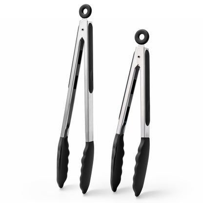 Doosu Kitchen Tongs for Cooking - 600°F Heat Resistant Food Tong Set with Non-Scratch Silicone Tips, Heavy Duty Stainless Steel Locking Tong for BBQ, Grilling Steak, Serving Salad (9+12in, Black)