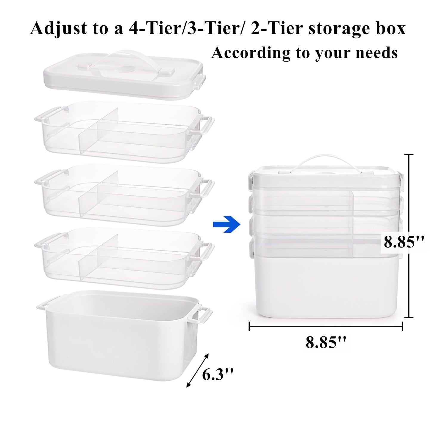 Tebery 4 Tier Plastic Craft Storage Organizer, Clear Stackable Arts Supply Box with Removable Tray, Portable Bead Jewelry Sewing Tool Container Case with Handle, Ideal for Home Studio Travel