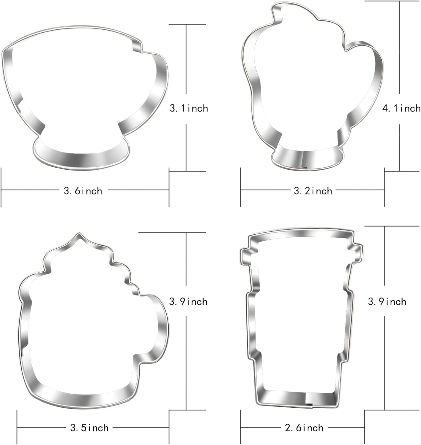Large Coffee Cup Cookie Cutter Set - 4 Piece Coffee Mug, Hot Cocoa Mug, Teacup Cookie Fondant Biscuit Cutters