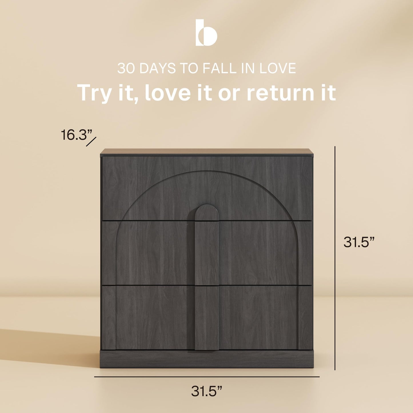 BELLEZE 31.5" Kitchen Storage Cabinet with 3 Drawers,Freestanding Accent Cabinet with Arched Design & Wood Handles,Modern Credenza for Living Room,Dining Room,Entryway - Ebony
