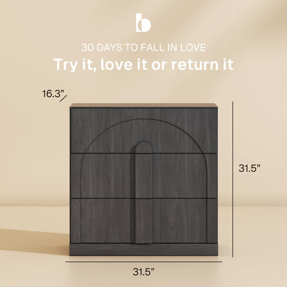 BELLEZE 31.5" Kitchen Storage Cabinet with 3 Drawers,Freestanding Accent Cabinet with Arched Design & Wood Handles,Modern Credenza for Living Room,Dining Room,Entryway - Ebony
