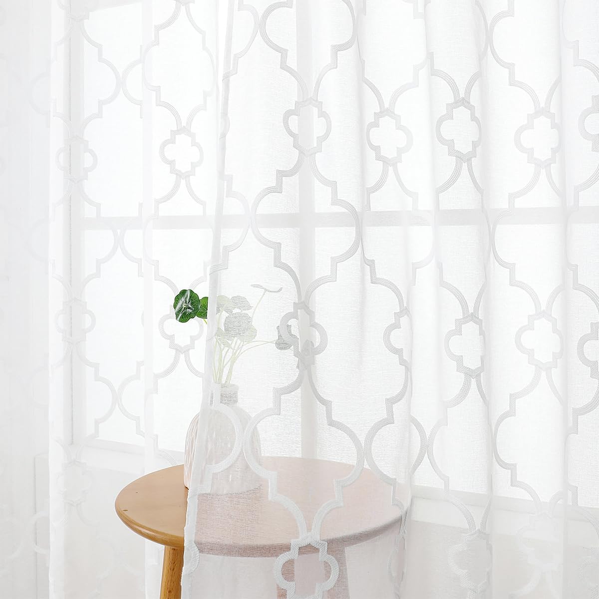 White Sheer Curtains 84 Inches Long, Lattice Geometric Embroidered Semi Sheer Curtain Panels, 52"w x 2pcs, Grommet Top