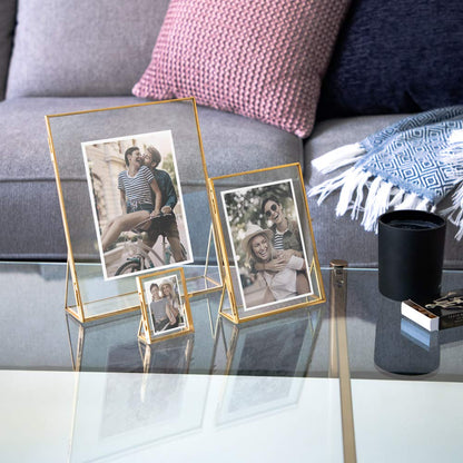Isaac Jacobs 4x4, Antique Gold, Vintage Style Brass and Glass, Floating Photo Frame, Metal, with Locket Closure and Angled Base, for Pictures, Art, Mementos, Keepsakes (4x4, Antique Gold)