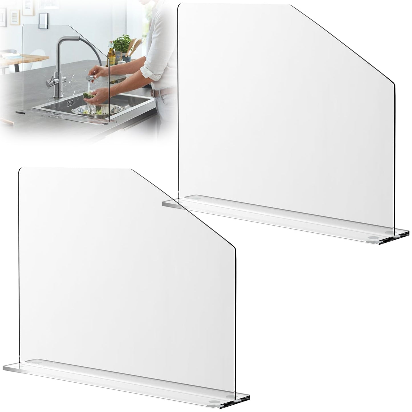 2 Pcs Acrylic Sink Splash Barrier, Clear Splatter Barrier, Freestanding Protective Panel with Cutaway, for Kitchen Hospital Labs Office, 23.6" L x 4.5" W x 18.5" H