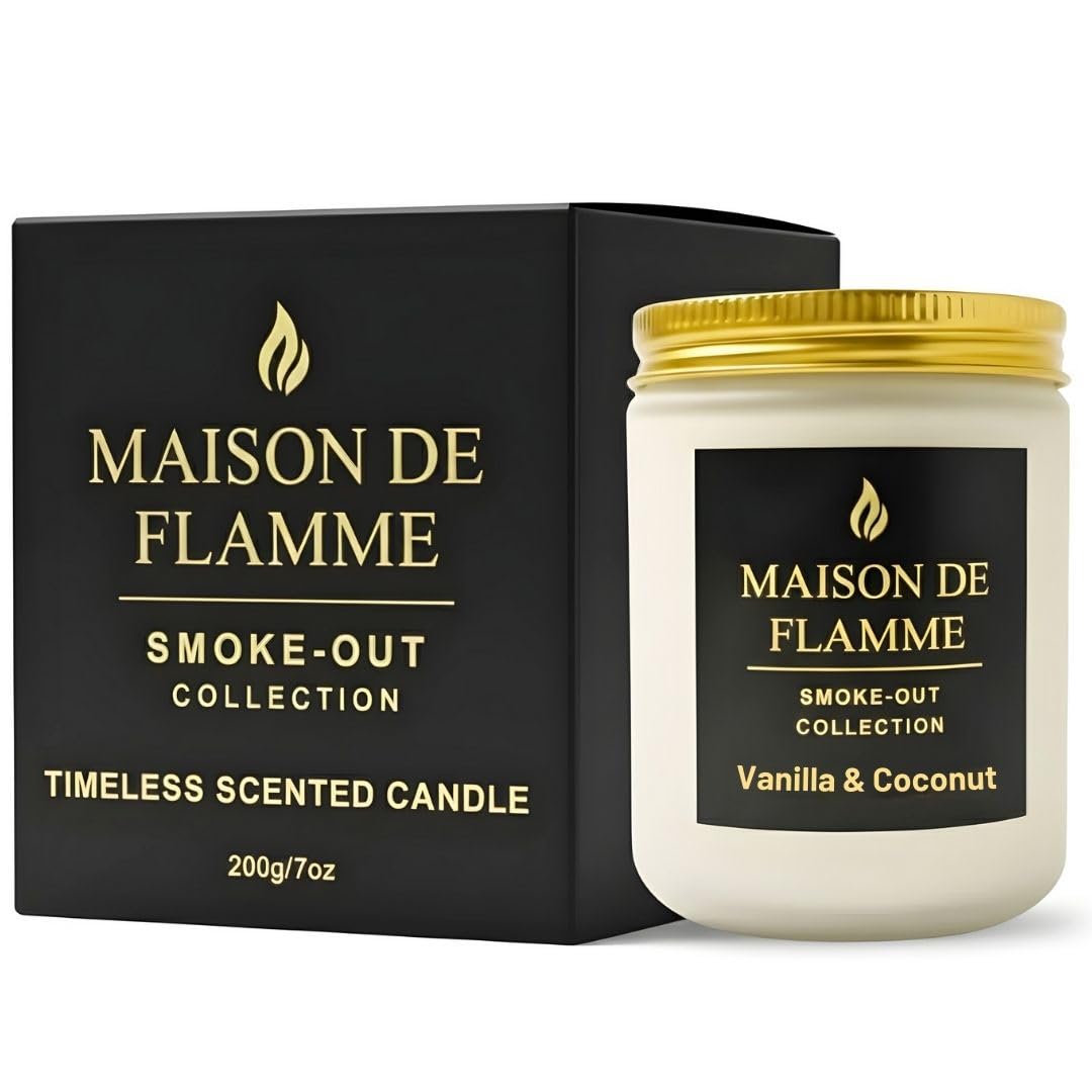 MAISON DE FLAMME Vanilla & Coconut Odor-Eliminating Scented Candle (White Jar, 200g/7oz) | Long-Lasting Premium Soy Wax Candle for Smoke, Kitchen & Pet Odors