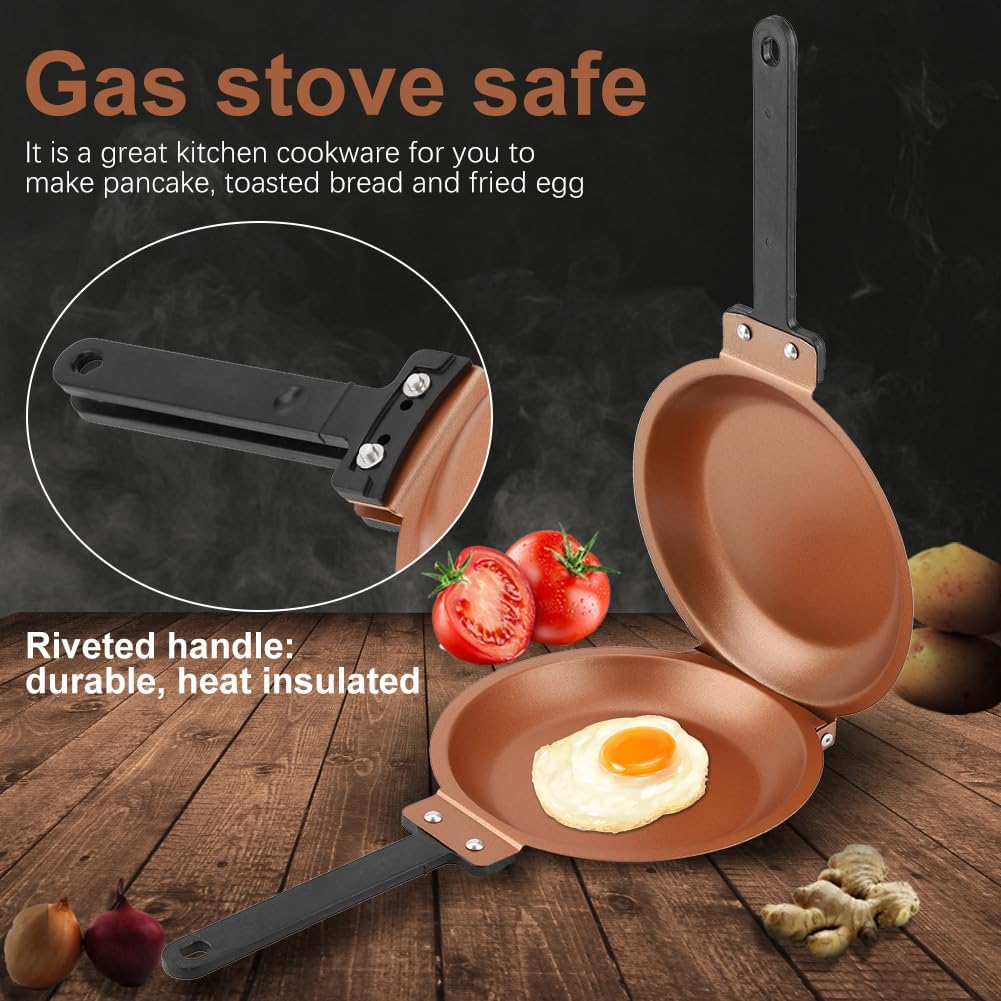 Walfront Double Side Non Stick Frying Pan, Gold, Flip Folding Pancake Maker for Household Kitchen