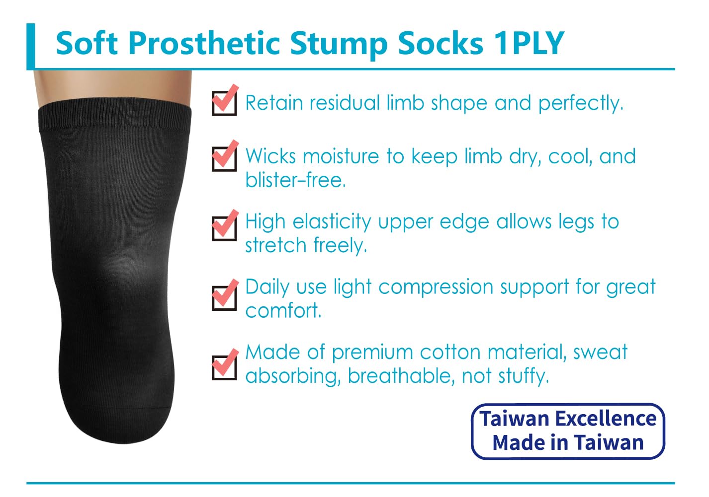 JianiMed Cotton Prosthetic Stump Socks – BK, 1 PLY, Light Compression, Soft, Thin, Amputee Socks, Taiwan Excellence, 4 PCS XL/2XL/3XL