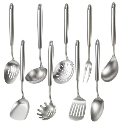 Newness 9 Pcs Cooking Utensils Set, 304 Stainless Steel Kitchen Utensils Set, Metal Kitchen Accessories, Include Soup Ladle, Slotted Skimmer Spoon, Spaghetti Spoon and Spatula, Dishwasher Safe (Short)