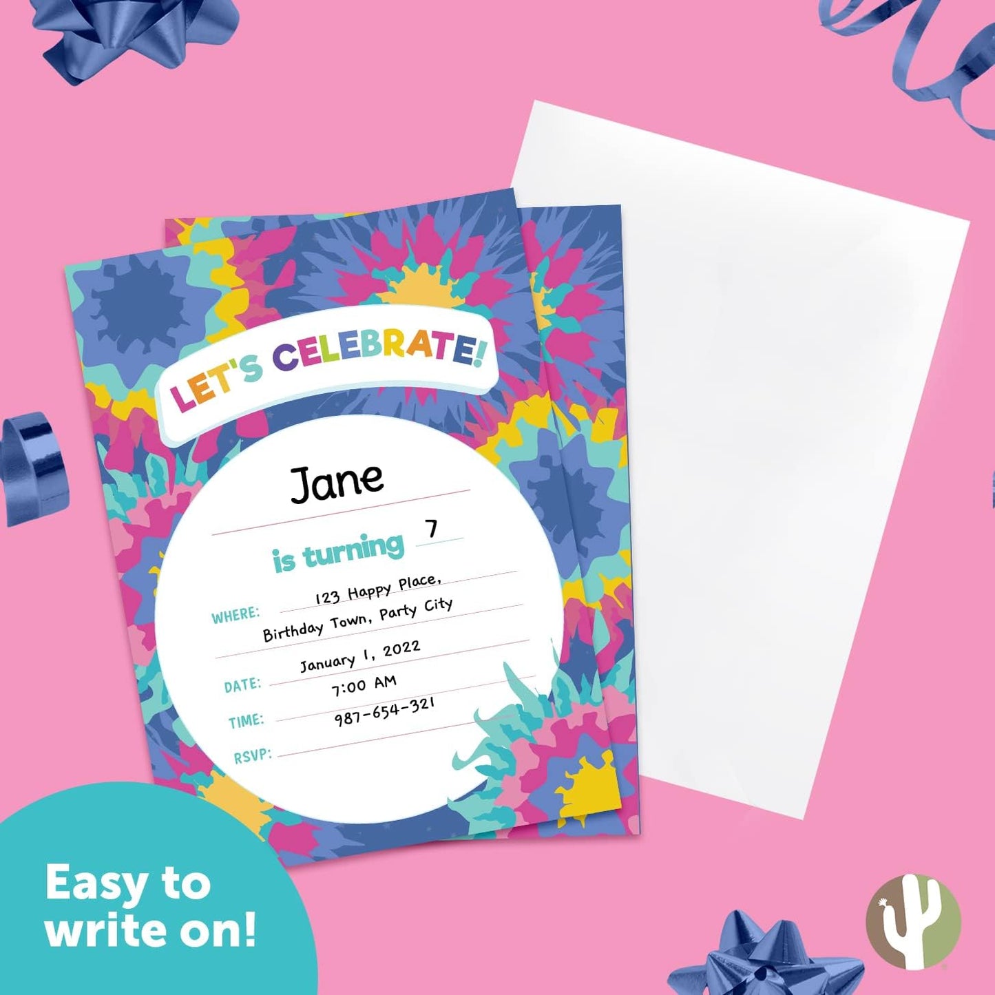 Desert Cactus Tie Dye Happy Birthday Invitations, Style 2 Invite Cards (10 Count) with Envelopes