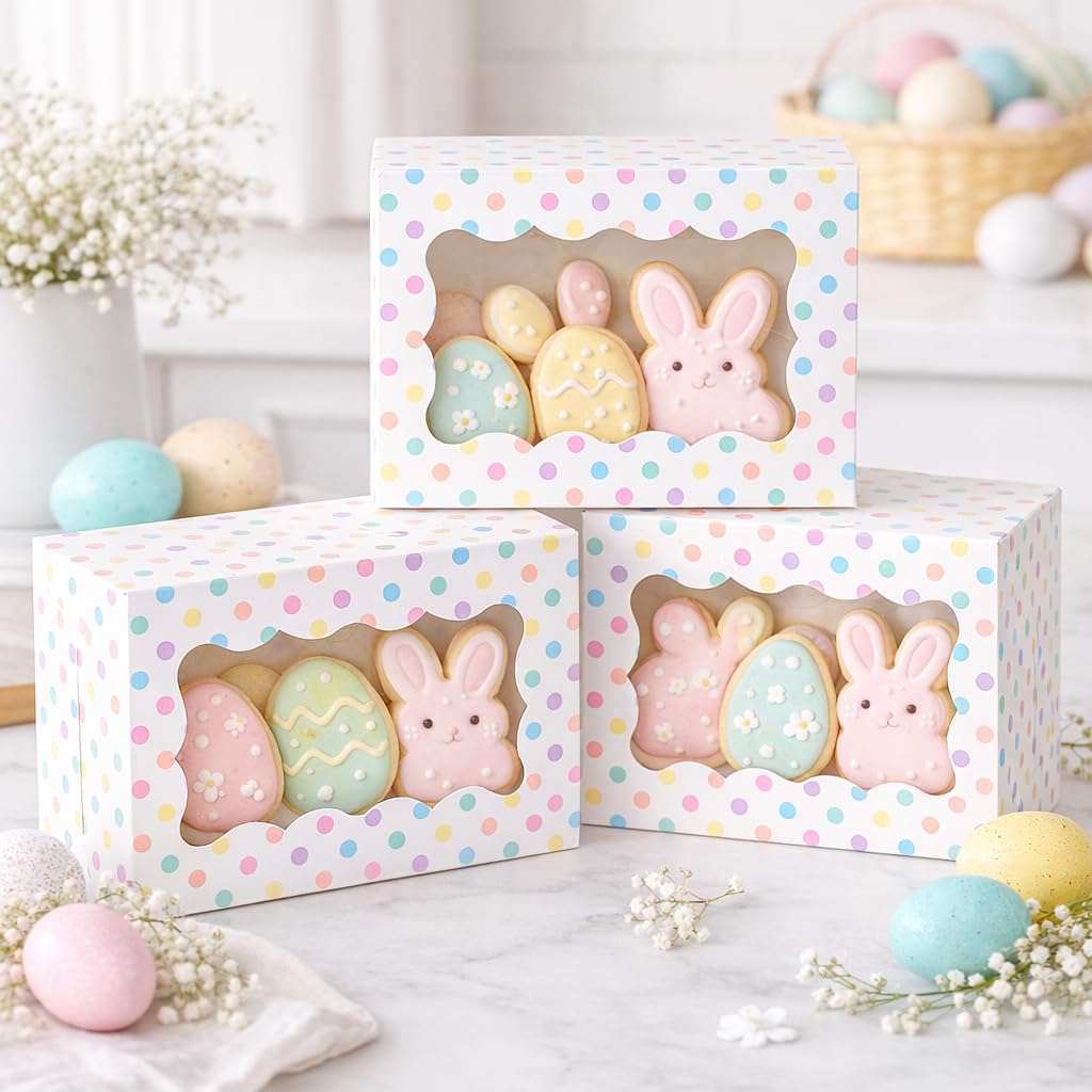 Perfect Occasion Polka Dot Cookie Boxes - 12 Pack - Pastel Polka Dot Cookie Boxes with Window - for Easter, Birthdays, Cupcakes, Pastries - Large Size Easily Fits a Dozen Cookies - 12 pcs