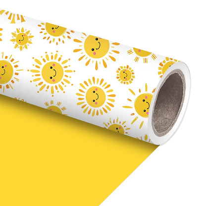 JarThenaAMCS Sun Smile Baby Shower Wrapping Paper -Mini Roll- 17In x 32.8Ft First Trip Around The Sun Gift Wrap Paper Yellow Double Printed Sunshine Craft Paper for Summer Birthday Party Packing