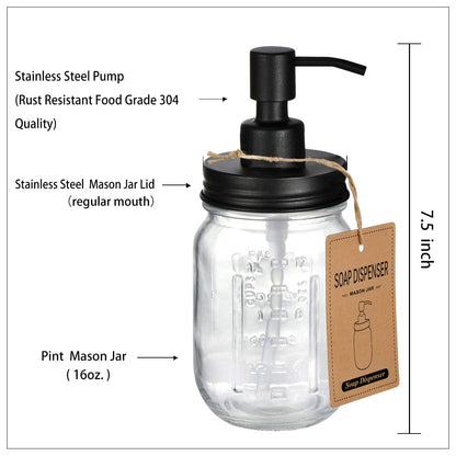 Amolliar Mason Jar Liquid Soap Dispenser, 16OZ Refillable Glass Soap Dispenser for Bathroom, Hand Soap, Dish Soap, Lotion Dispenser for Kitchen, Farmhouse Decor, Soap Pump Bottle, Black 2 Pack