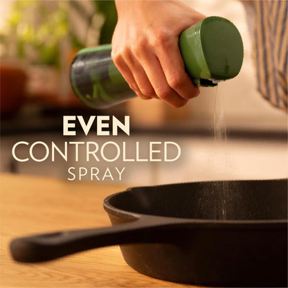 FLAIROSOL OLIVIA Oil Sprayer for Cooking, 200ml Glass Olive Oil Sprayer, Continuous Oil Spray Bottle with Portion Control, Oil Dispenser for Kitchen, Air Fryer, Salad, BBQ (Green Bottle, Gold Print)