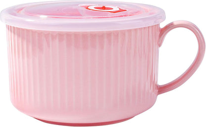 Microwavable Soup Bowl with Handle and Lid, 30.4 OZ Ceramic Cereal Mugs for Oat Instant Noodles (Pink)