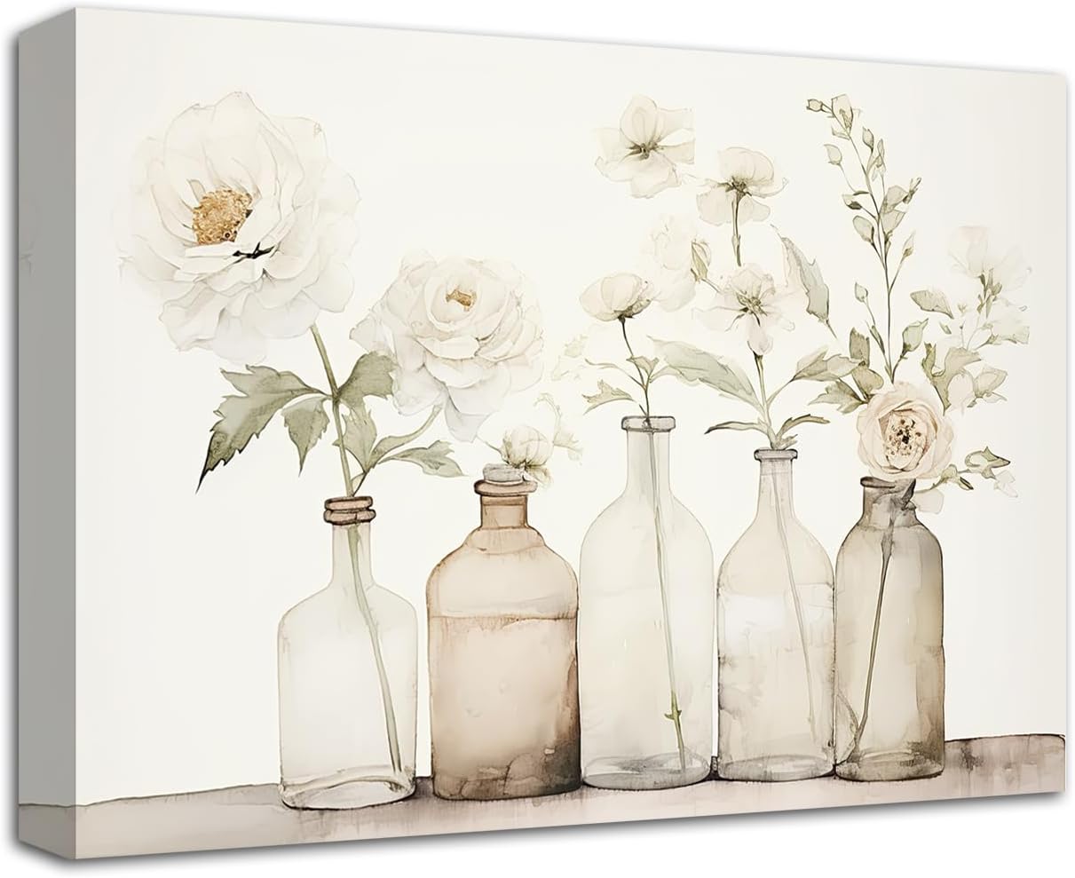 LZIMU Bathroom Picture Wall Decor, Flowers in Bottle Canvas Prints, Rustic Floral Painting Framed (B, 12"x18")