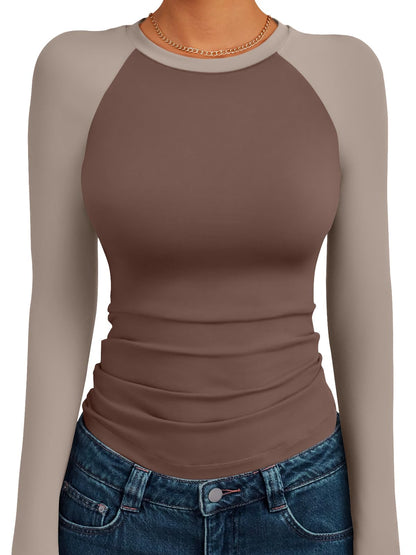 Trendy Queen Women's Long Sleeve Shirts Slim Fit Stretchy Color Block Slightly Cropped Tops