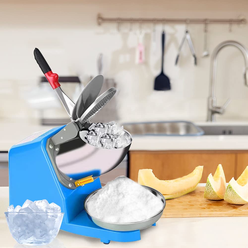Yahpetes Electric Shaved Ice Machine 1Pcs Electric Dual Blades Ice Crusher Shaver Snow Cone Maker Machine 187lbs/hr for Home and Commercial Use (Blue)