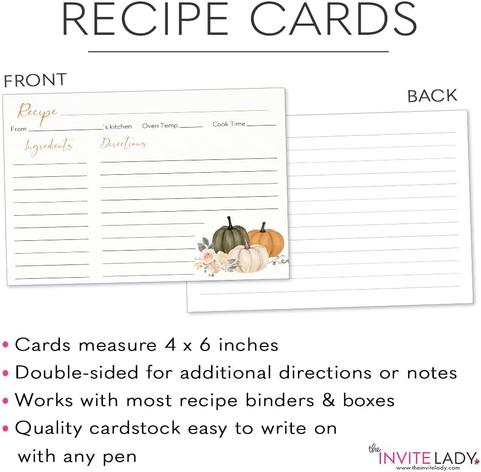 Autumn Fall Recipe Cards with Pumpkins, 4x6 Printed with Lines (50 Count)