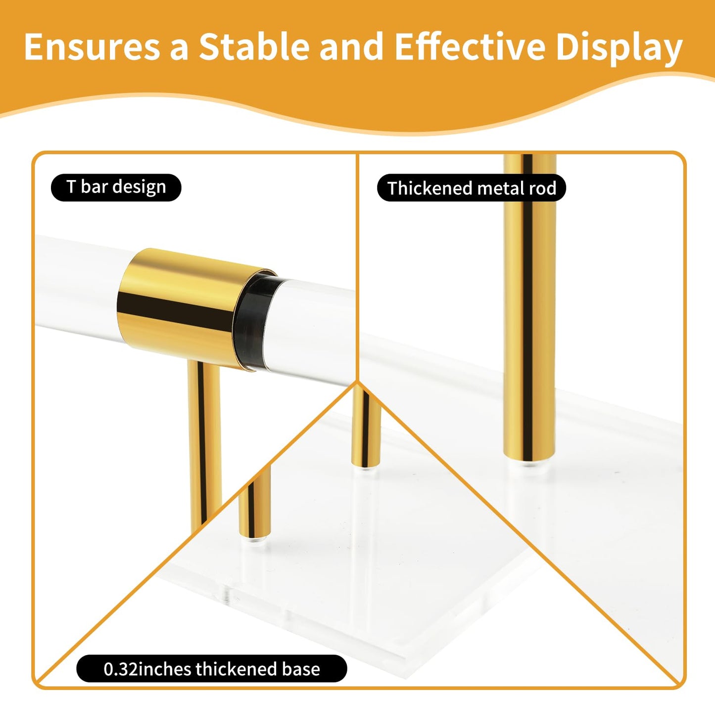 SHUNKAIZS 2 Tier Acrylic Bracelet Holder, Clear Gold T-Bar Jewelry Display Stand, Tangle-free Necklace Stand, Heavy Duty Jewelry Organizer Rack for Retail Store Vendors Counter Home