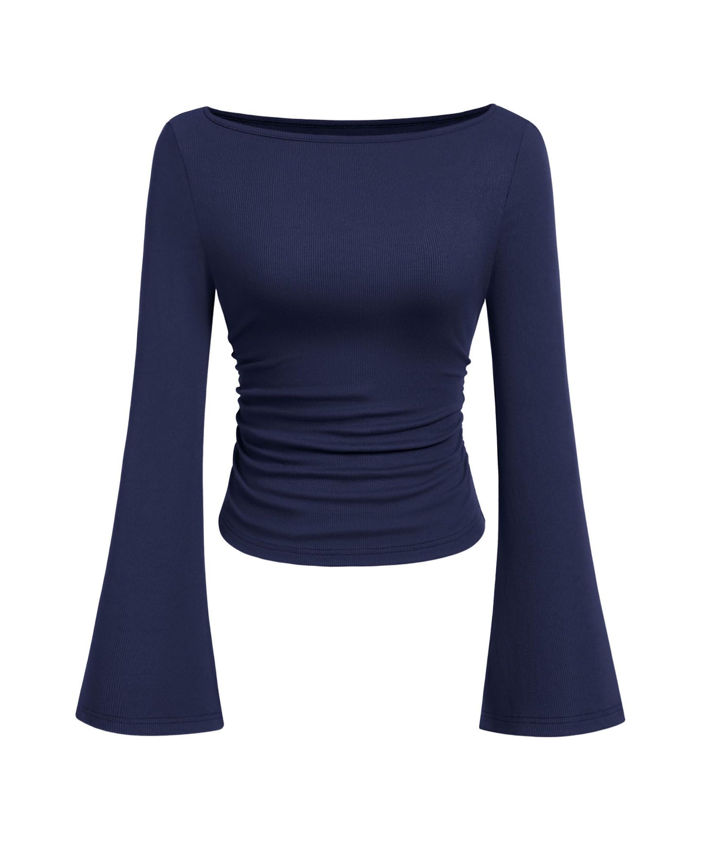 PRETTYGARDEN Women's Long Sleeve Shirts 2025 Fall Crop Going Out Tops Casual Boat Neck Bell Sleeve Ribbed Ruched Y2K Clothes