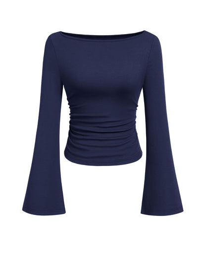 PRETTYGARDEN Women's Long Sleeve Shirts 2025 Fall Crop Going Out Tops Casual Boat Neck Bell Sleeve Ribbed Ruched Y2K Clothes