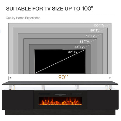 OneBlis 90" TV Stand for Living Room, Large Entertainment Center & Media Console, Fits TVs up to 100", Storage Cabinet with Shelves, 50" Electric Fireplace