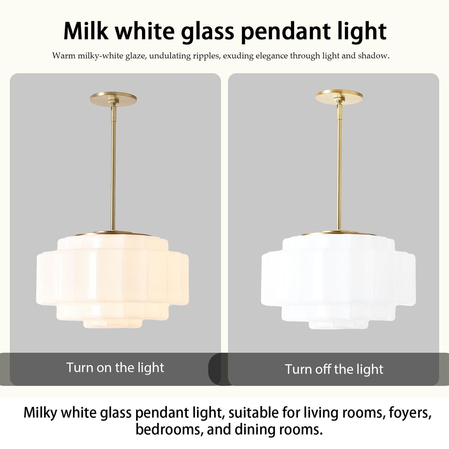 YESIDS Vintage Milk Glass Pendant Lights, 15.7" White Pleated Glass Chandelier, Semi-Flush Mount Ceiling Light for Bedroom, Foyer, Living Room, Bar Counter, E12 Bulb Included (White, 15.7)