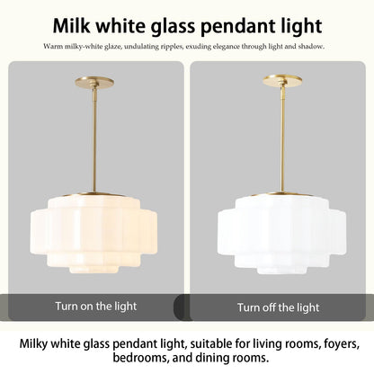 YESIDS Vintage Milk Glass Pendant Lights, 15.7" White Pleated Glass Chandelier, Semi-Flush Mount Ceiling Light for Bedroom, Foyer, Living Room, Bar Counter, E12 Bulb Included (White, 15.7)