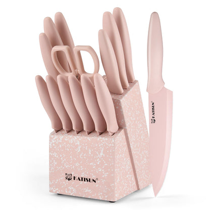 Knife Set, 15 Pieces Knives Sets for Kitchen with Block, Dishwasher Safe Kitchen Knife Set with Built in Sharpener Block, German High Carbon Stainless Steel Knife Block Set with Pink Nonstick Coating