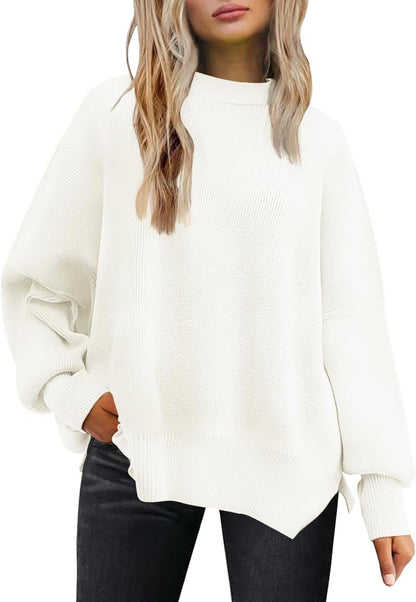 LILLUSORY Women's Oversized Batwing Sweaters 2025 Fall Outfits Trendy Crewneck Knit Side Slit Fashion Pullover Tops