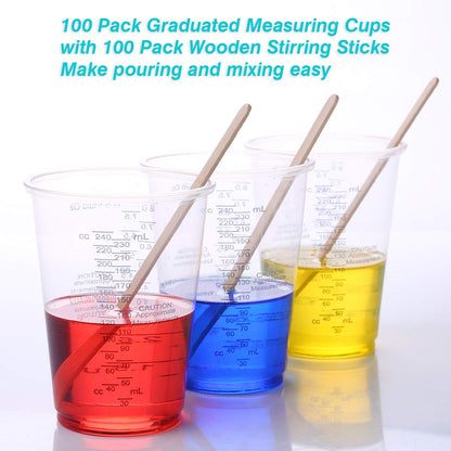 XUXU 100pcs 8oz Graduated Clear Plastic Measuring Cups with 100pcs Wooden Stirring Sticks for Mixing Paint, Pigments, Epoxy Resins, Resins