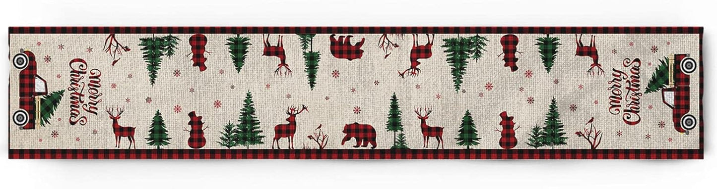 Christmas Truck Cotton Linen Table Runners, 90 Inches Long, Red Buffalo Plaid Non-Slip Burlap for Holiday Decor