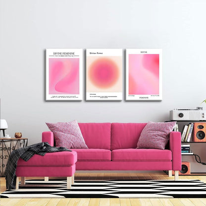 Trendy Aesthetic Canvas Wall Art Set of 3 - Pink Gradient Aura Angel Posters | Framed 12x16 Inch Decor