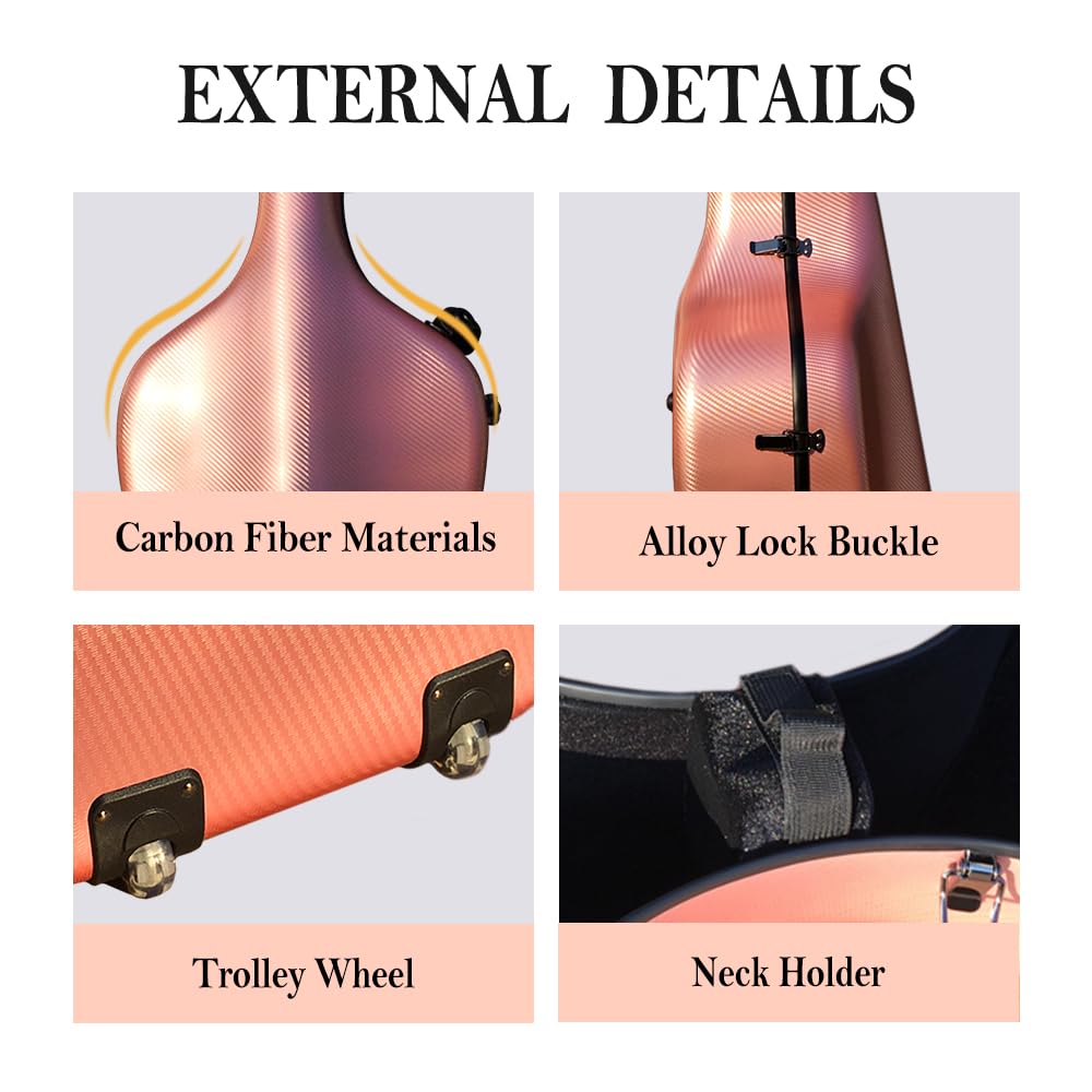 YoungMonic Braided Carbon Fiber 4/4 Cello Case with Handle Backpack Straps & Wheels Hard Shell Protective Case for 4/4 Full Size Cello for Travel & Storage Solution (Rosegold)