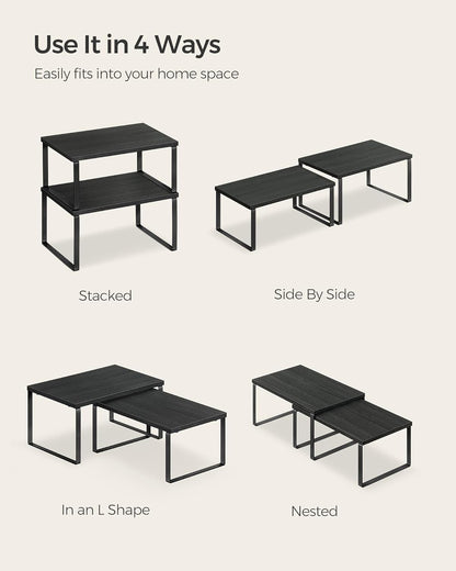 SONGMICS Set of 4 Cabinet Organizer Shelves, Stackable Kitchen Storage, Spice Rack in Ink Black and Ebony Black