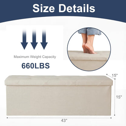 43in 660lbs, DUMOS Foldable Storage Ottoman Bench, Storage Chest, Large End of Bed Foot Rest Stool with Padded Seat