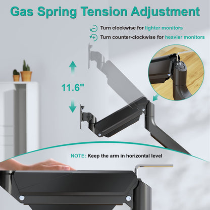 WALI Ultrawide Monitor Arm for 13 to 49 Inch Heavy Duty Curved Screens, Holds 33 Lbs, Adjustable Gas Spring Single Monitor Desk Mount with C-Clamp, Grommet Base, 75x75/100x100 VESA, (GSM001XL), Black