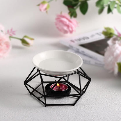 SXCHEN Essential Oil Burner - Ceramic Tealight Wax Candle Burner, Black Metal Aroma Diffuser (Set of 1)