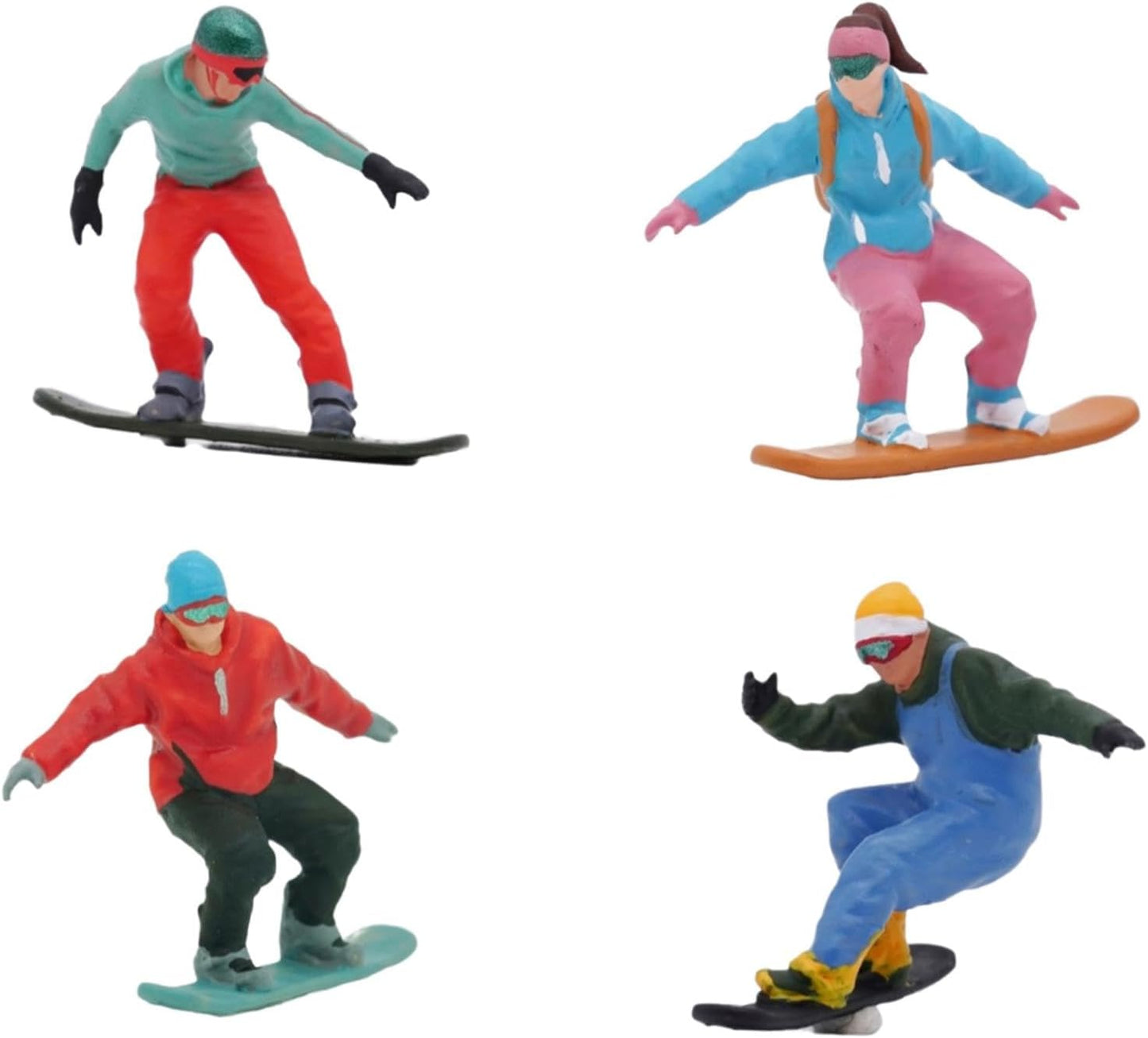 Menolana Miniature Skier Figurines - 4Pcs 1/64 Scale Snowboarding Models for Dollhouse & Railway Decor