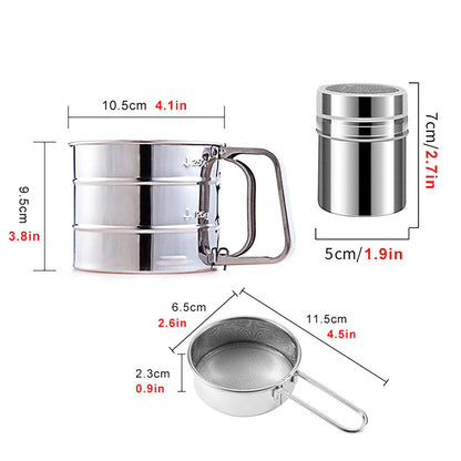Emime 3 in1 Stainless Steel Flour Sifter for Baking 3 Cup Sifter for baking, Flour Sifter for Baking Cakes, Pastries, Pies, Cupcakes and Desserts, Powdered Sugar Shaker Duster, With Hand Press Design