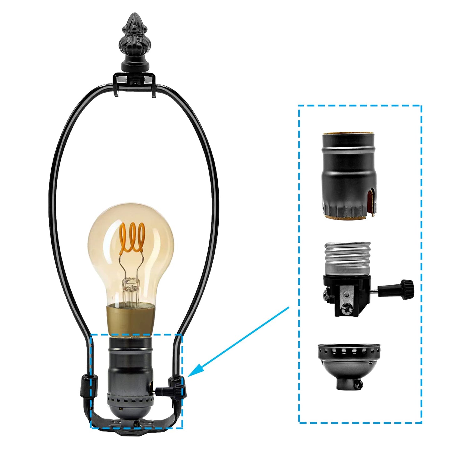 ECUDIS Table Lamp Wiring Kit with 8 Inch Harp, 3-Way Socket 2 Pieces 12" Lamp Pipe, with Instructions for DIY Lamp Design or Repair (Black)
