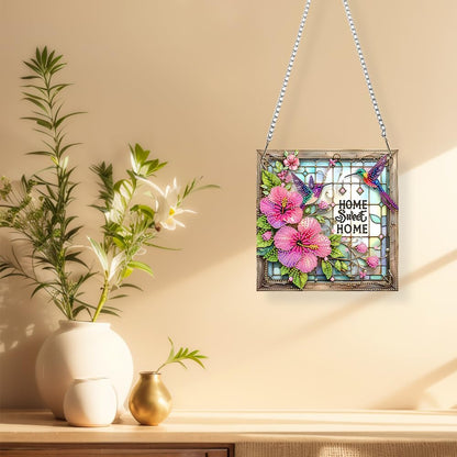 C'eitura Acrylic Special Shape Sweet Home Pink Flower 5D DIY Diamond Art Painting Hanging Pendant Rhinestone Crafts for Garden Window Decor