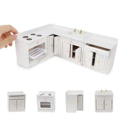 Miniature Furniture Dollhouse Kitchen Cabinets Set 1:12 Scale Wooden Model Freely Combined 4PCS Mini House Accessories Furnishings Kit Decoration Gift (White)