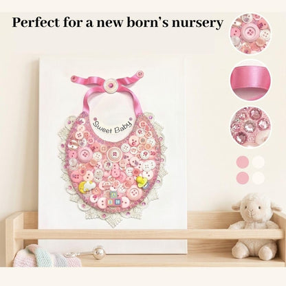 DIY Baby Bib Button Art Canvas Kit – Sweet Baby Nursery Craft Kit with Buttons, Gems & Ribbon – 8x10 Canvas Wall Decor